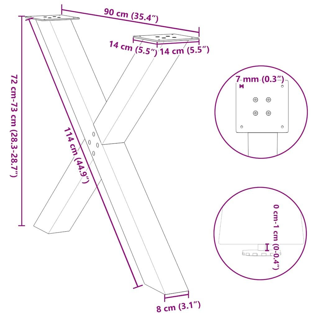 Natural Steel X-Shaped Dining Table Legs, 2pcs, 90cm Adjustable Height