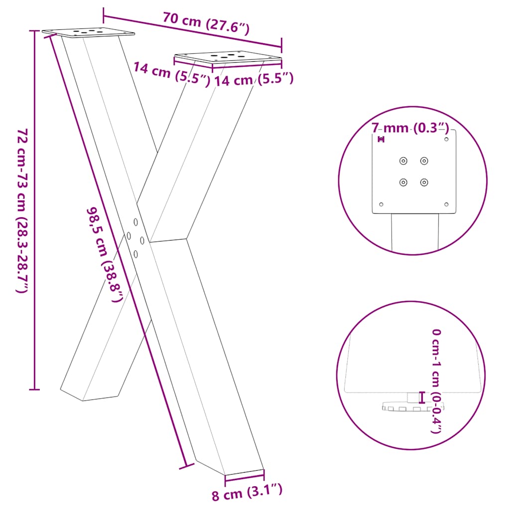 X-Shaped Steel Dining Table Legs - Black, Adjustable 70x(72-73) cm