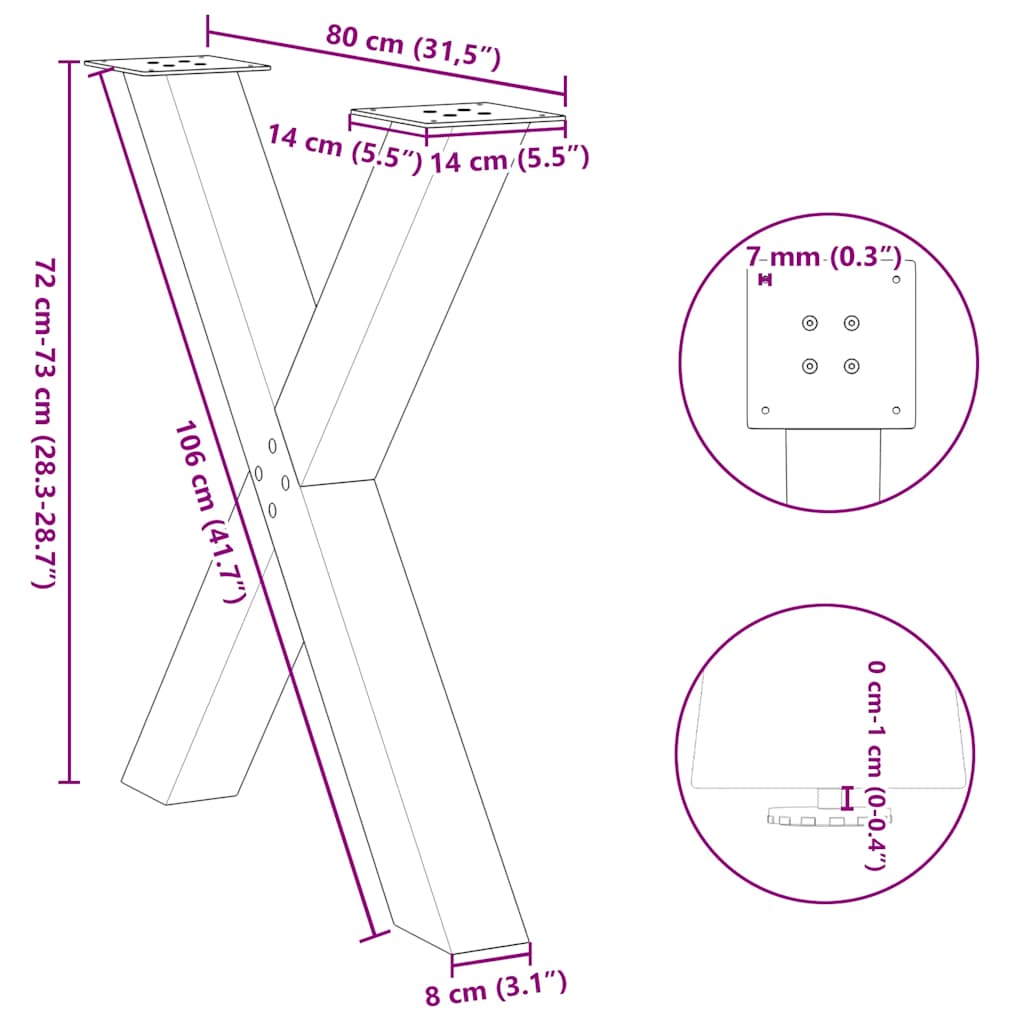Natural Steel X-Shaped Dining Table Legs, 3pcs, Adjustable Height