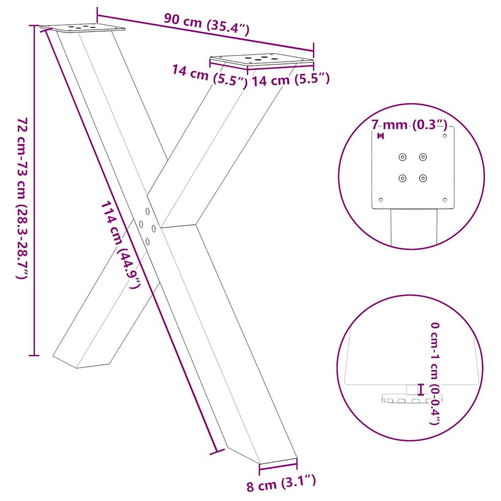 X-Shaped Natural Steel Dining Table Legs, 3 pcs, Adjustable, 90 cm