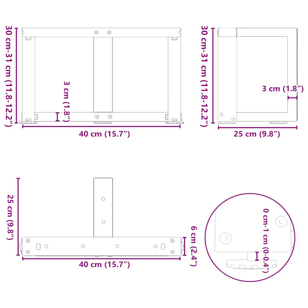 Black Steel T-Shaped Coffee Table Legs, Adjustable 40x25cm, Set of 2
