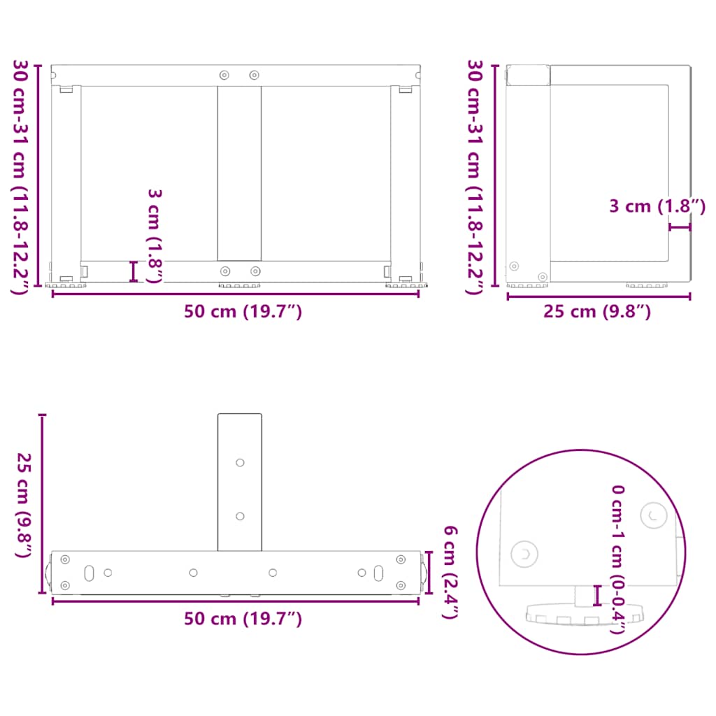 Black Steel T-Shaped Coffee Table Legs Set, Adjustable (2 pcs)