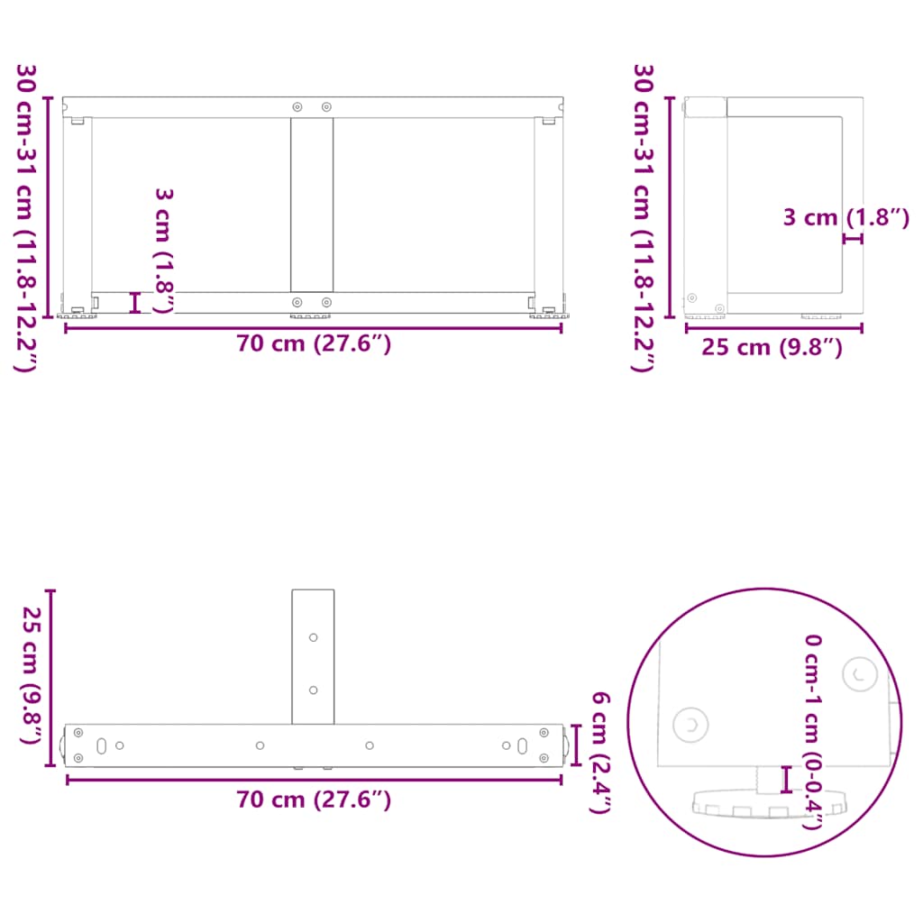 Black Steel T-Shaped Coffee Table Legs 2 pcs, Adjustable 70x25 cm
