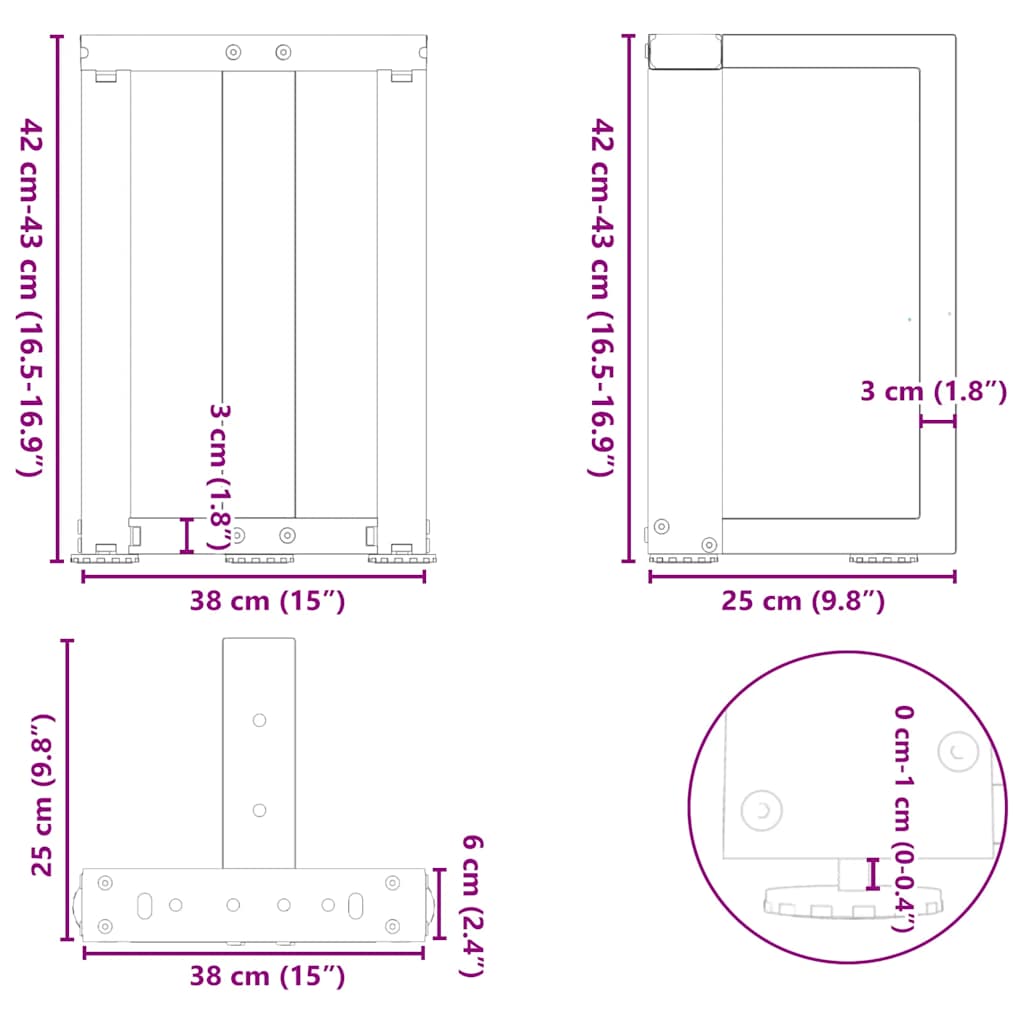 Black Steel T-Shaped Coffee Table Legs, 2 pcs, Adjustable 38-43 cm