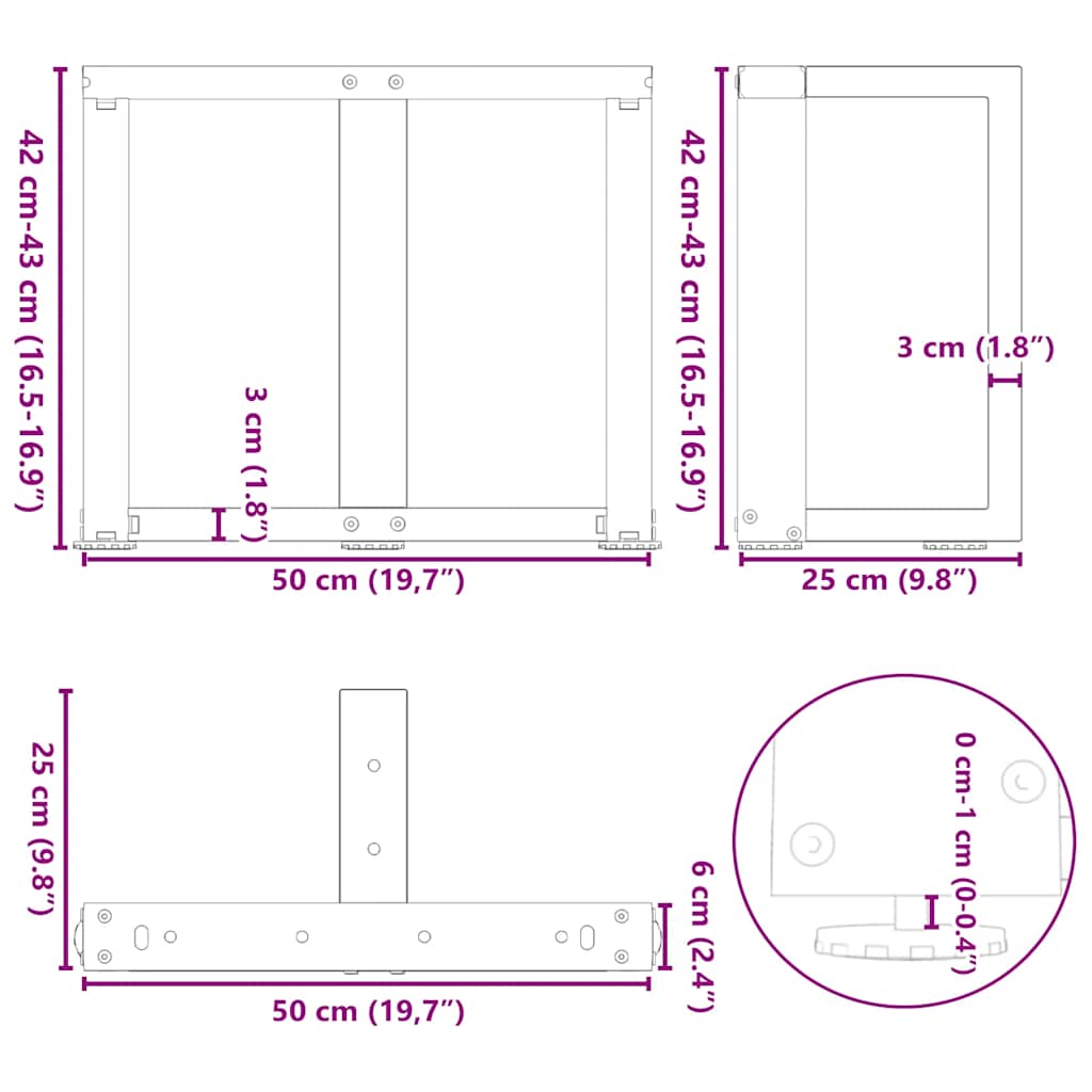 Black Steel T-Shaped Coffee Table Legs, 2 pcs, Adjustable 50x25x42 cm