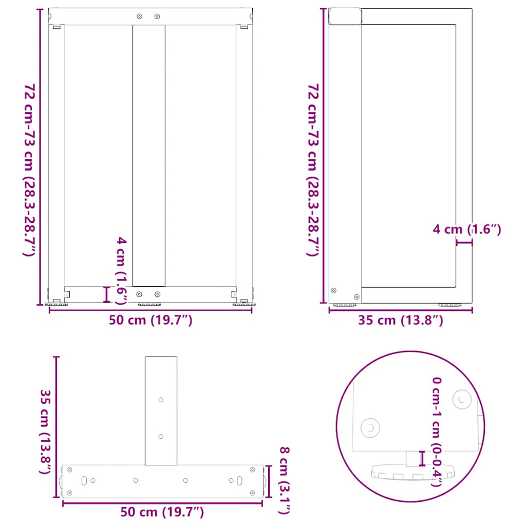 White Steel T-Shaped Dining Table Legs 2pcs Adjustable Height
