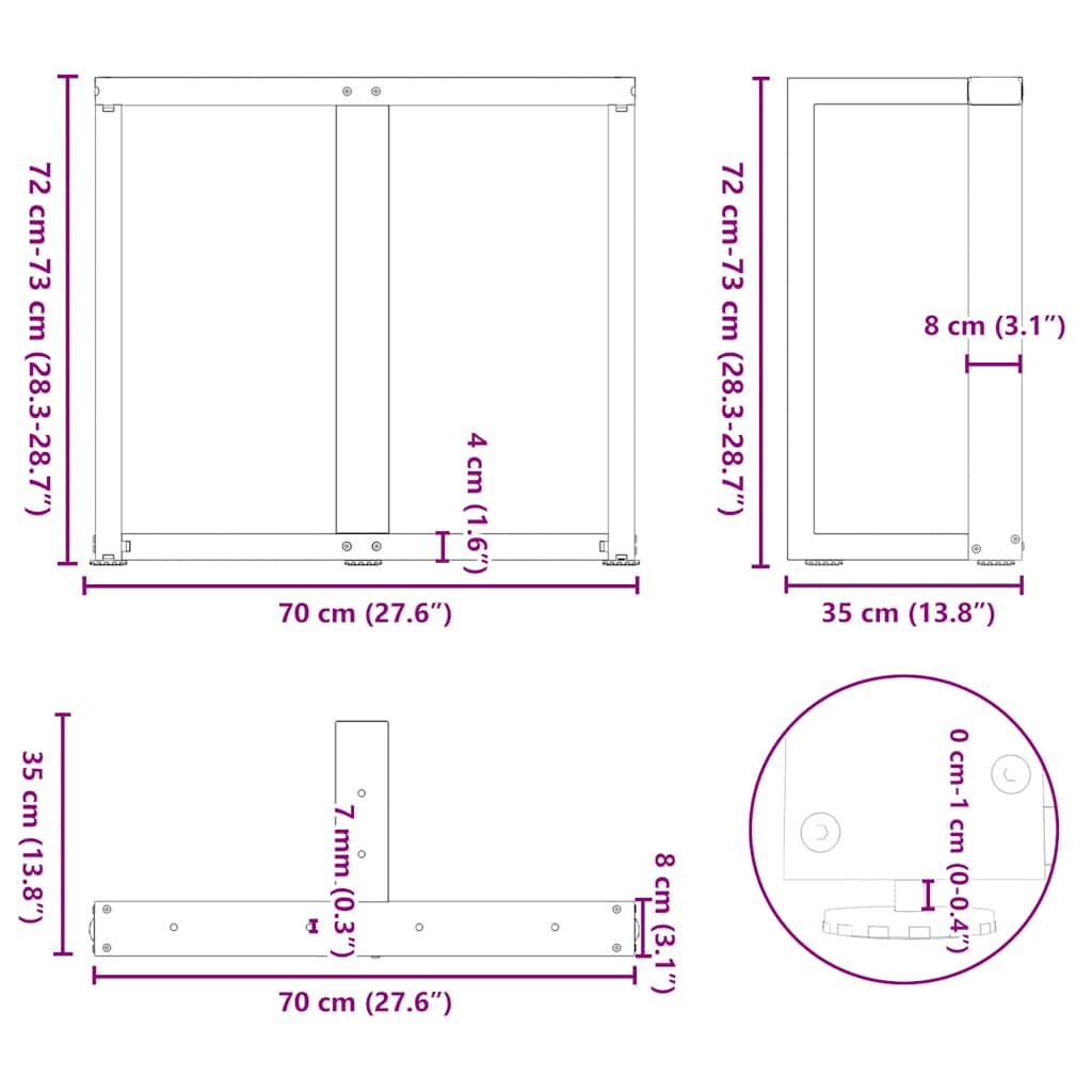 Black Steel T-Shaped Dining Table Legs 2pcs, Adjustable Height 72-73cm
