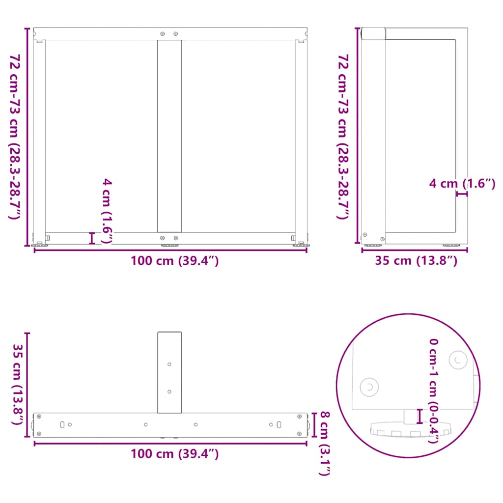 Black Steel T-Shaped Dining Table Legs 2 pcs, Adjustable 100x35 cm