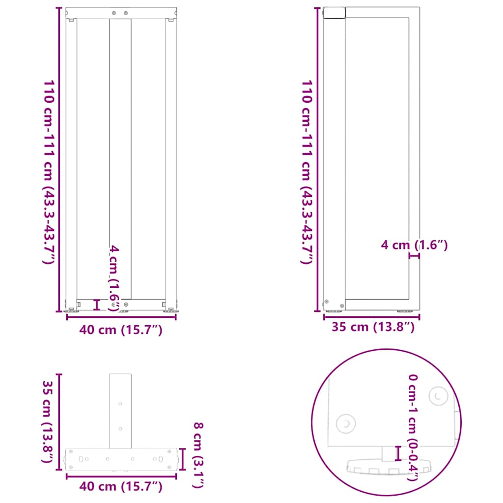 Adjustable Black Steel T-Shaped Bar Table Legs 2pcs 40x35x110-111cm
