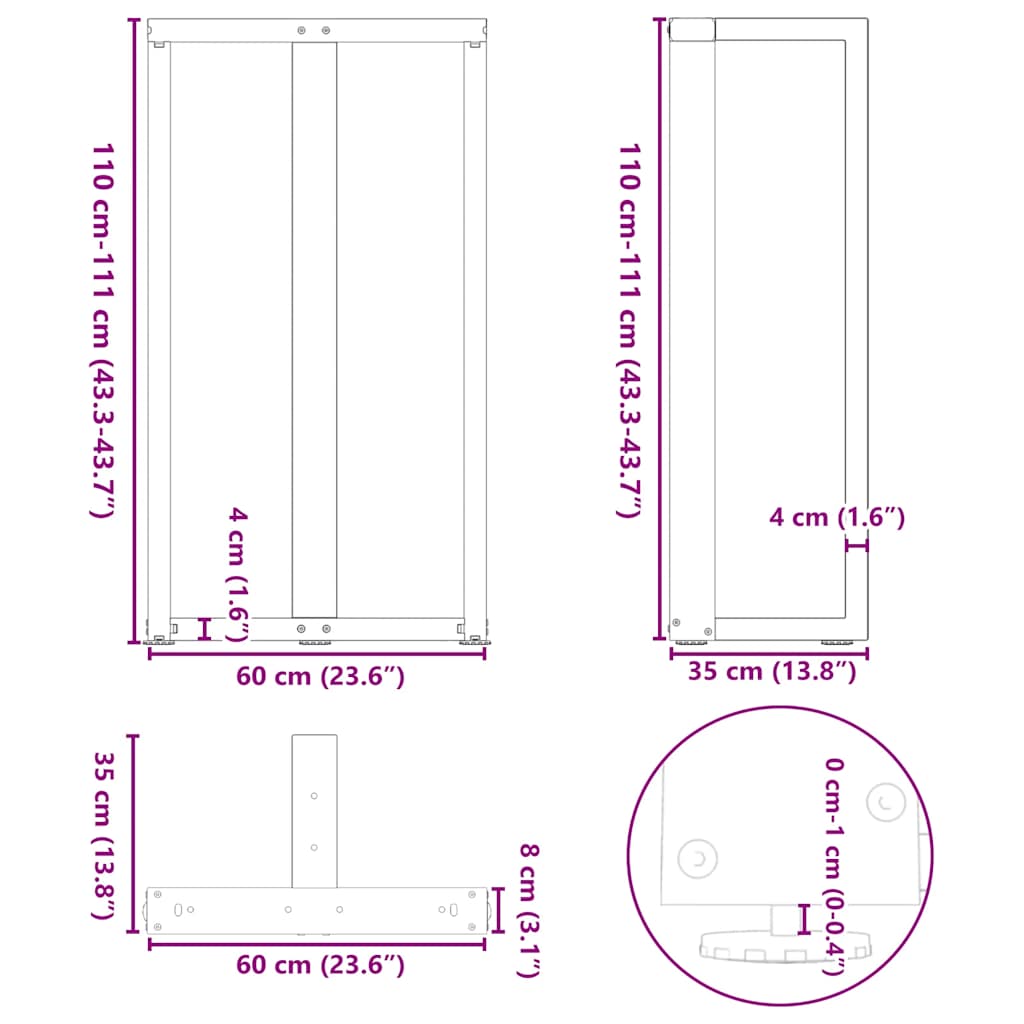 White Steel T-Shaped Bar Table Legs 2pcs, Adjustable Height, 60x35cm