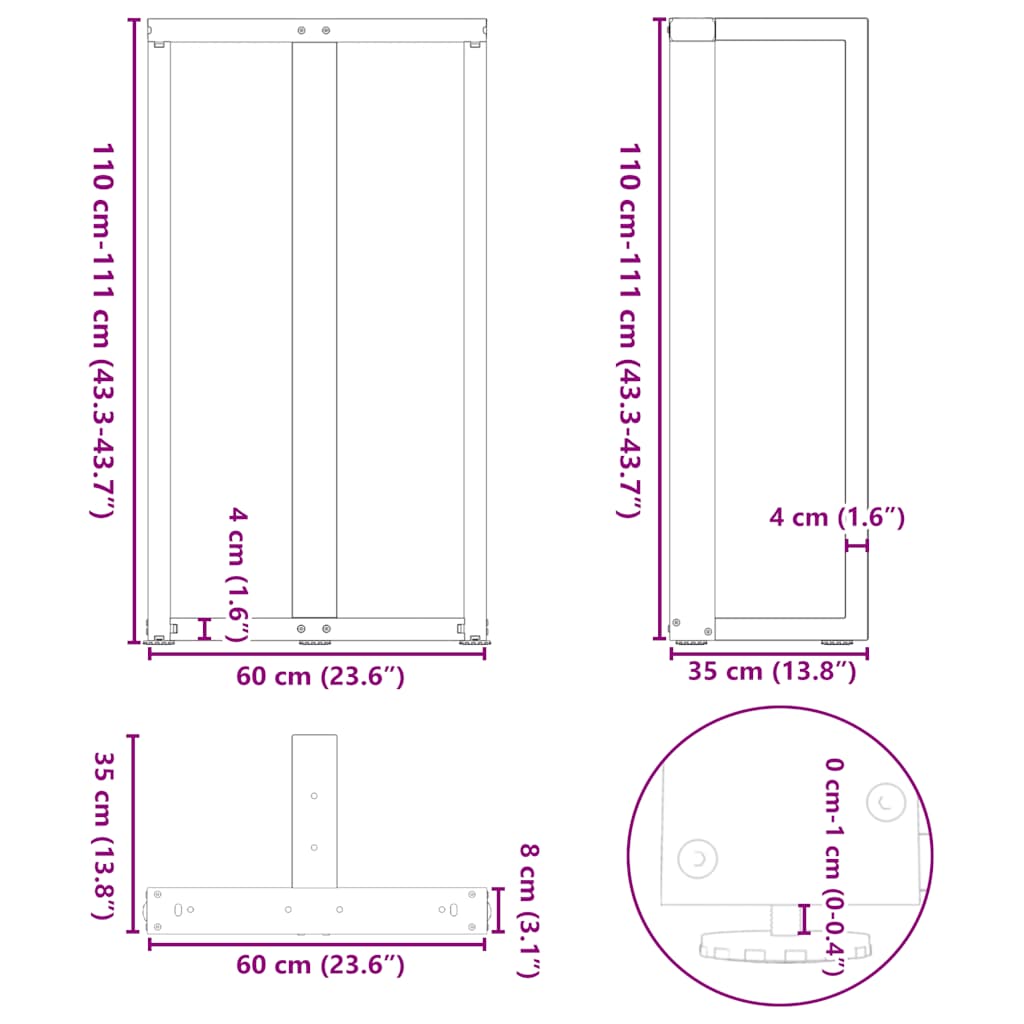 Black Steel T-Shaped Bar Table Legs, Adjustable Height, 2 pcs