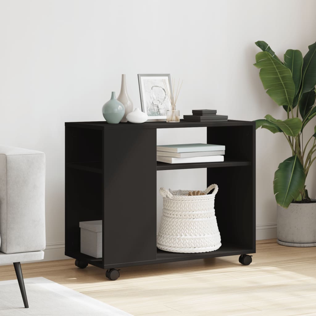 Black Engineered Wood Side Table with Wheels - 70x35x60 cm