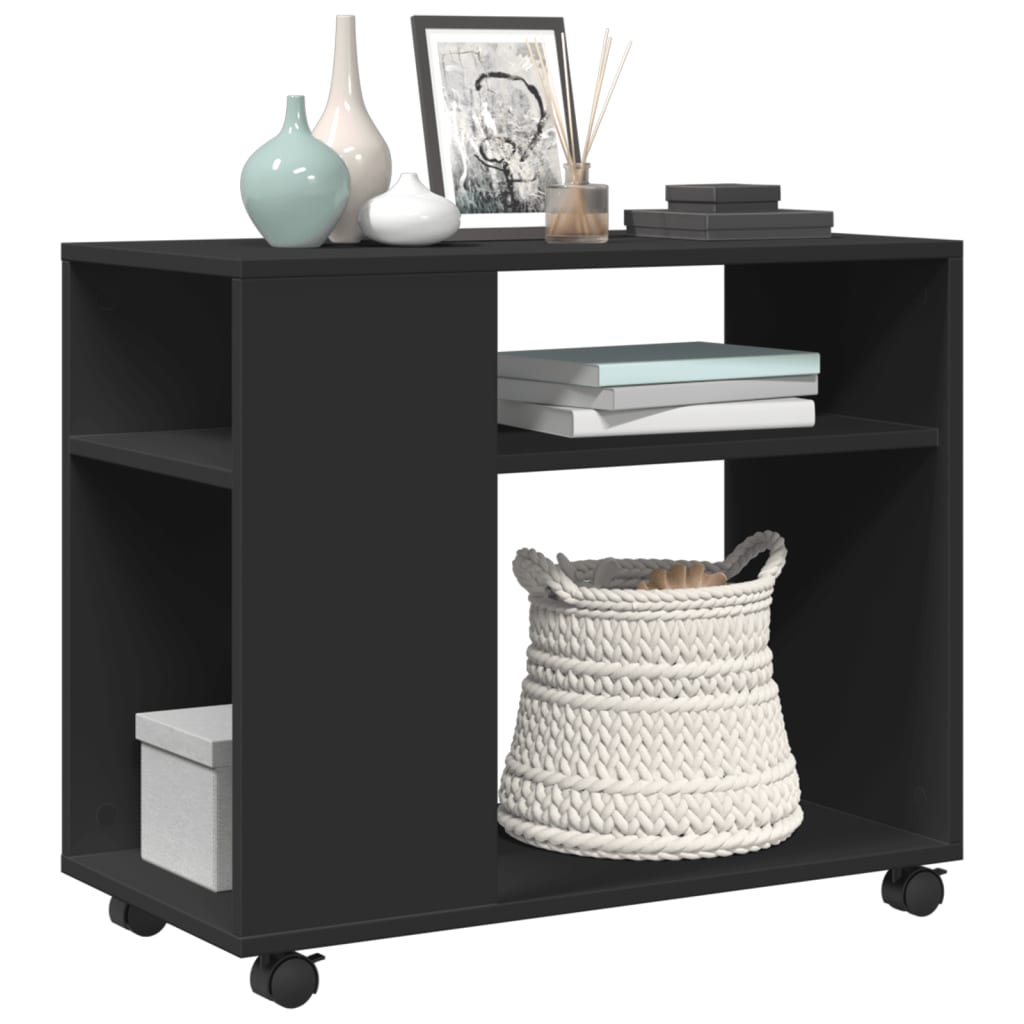 Black Engineered Wood Side Table with Wheels - 70x35x60 cm