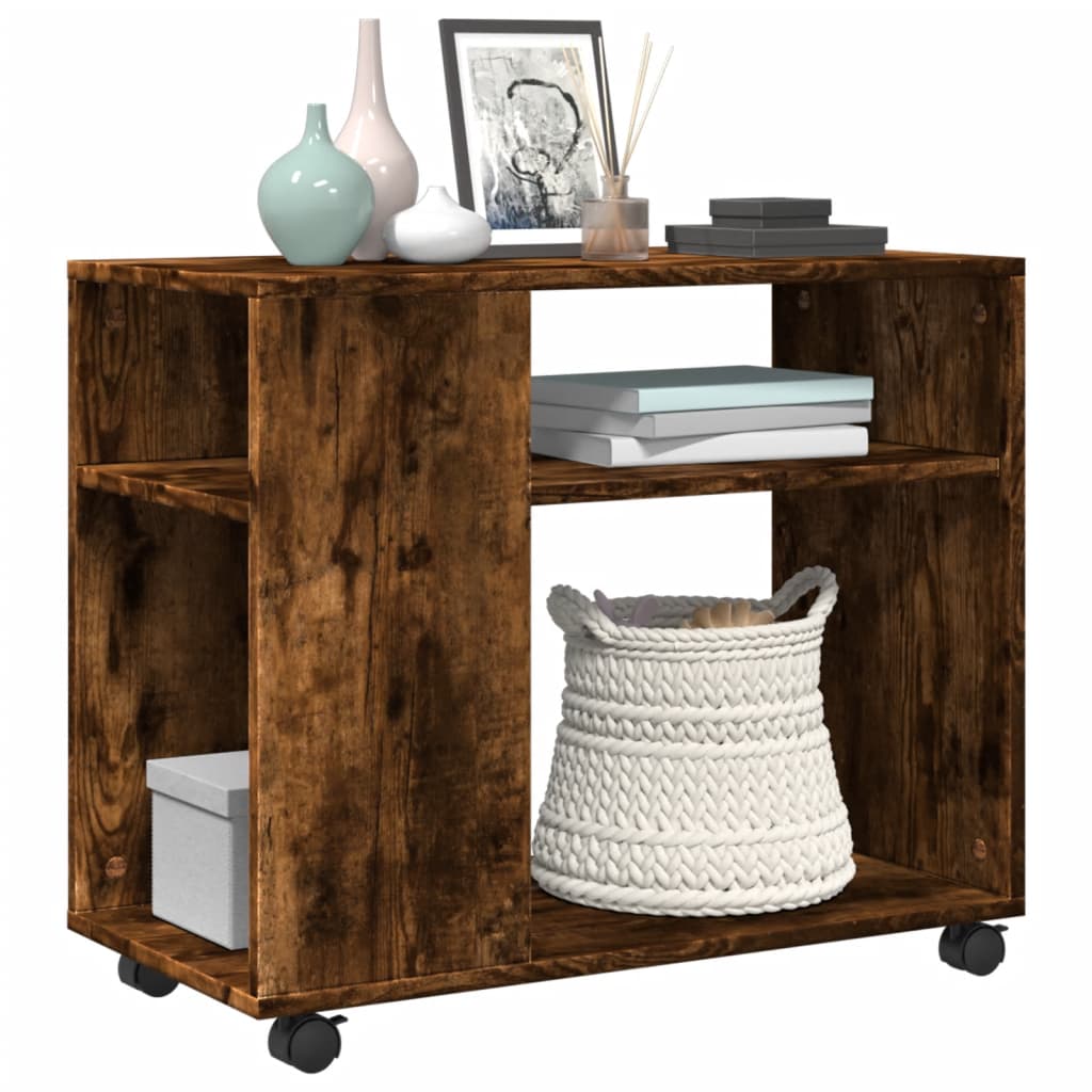 Smoked Oak Side Table on Wheels - 70x35x60 cm, Engineered Wood