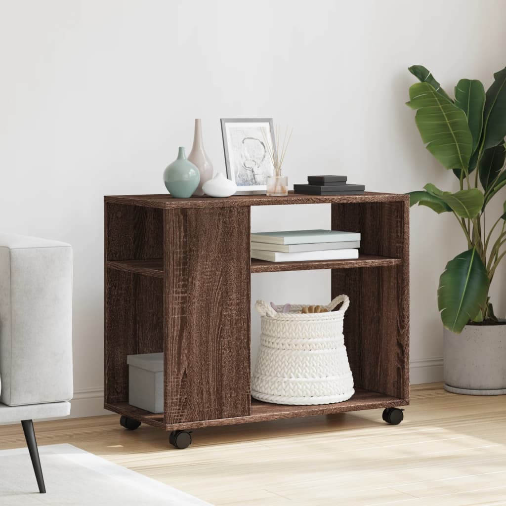 Brown Oak Side Table with Wheels - 70x35x60cm Engineered Wood
