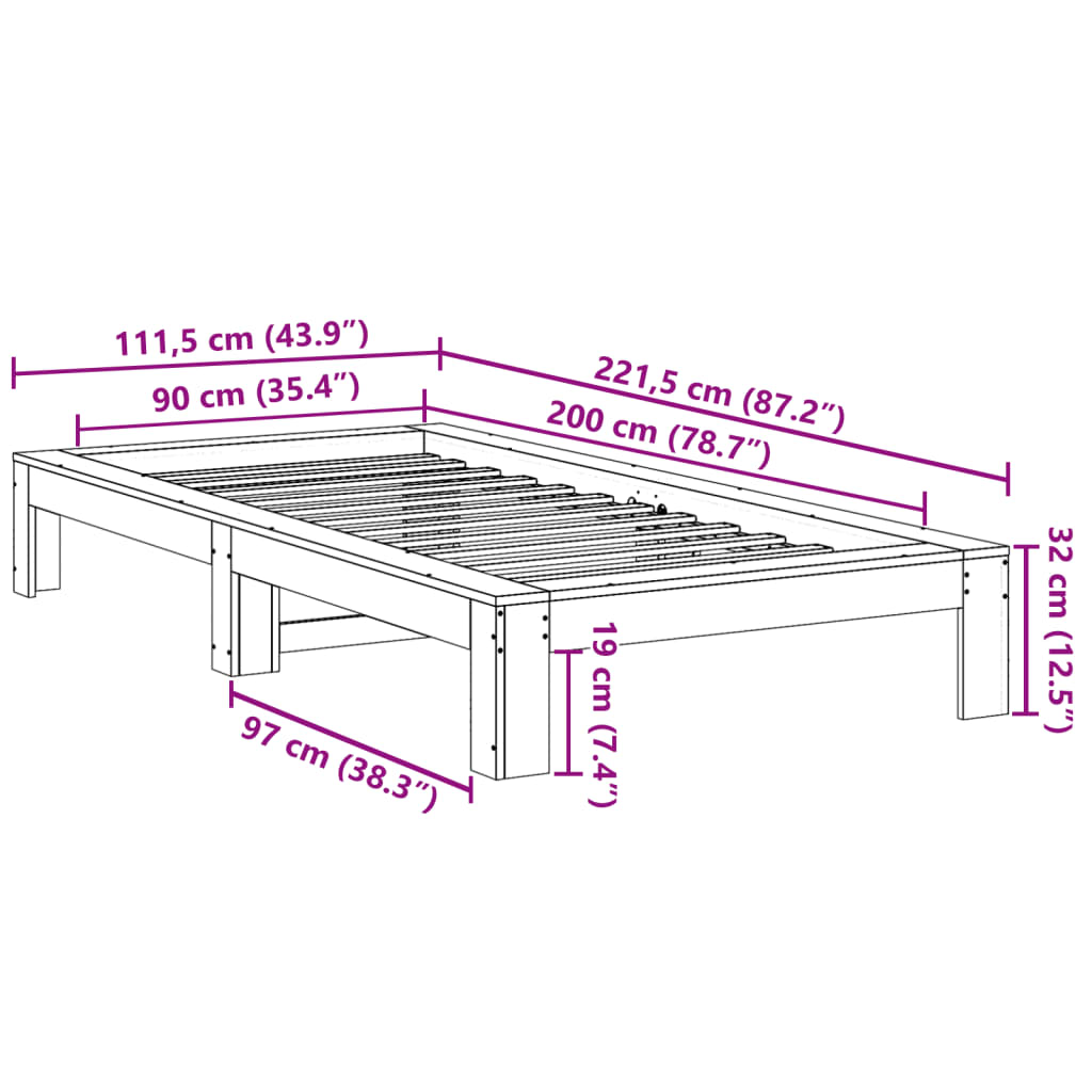 Solid Pine Bed Frame, Wax Brown, 90x200 cm - No Mattress Included