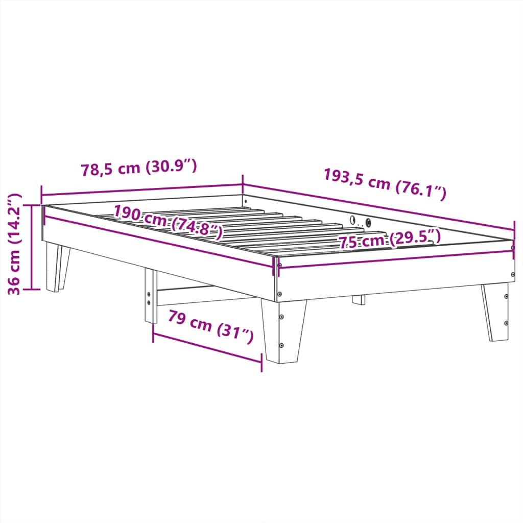 Solid Wood Pine Bed Frame, Wax Brown, 75x190 cm Small Single