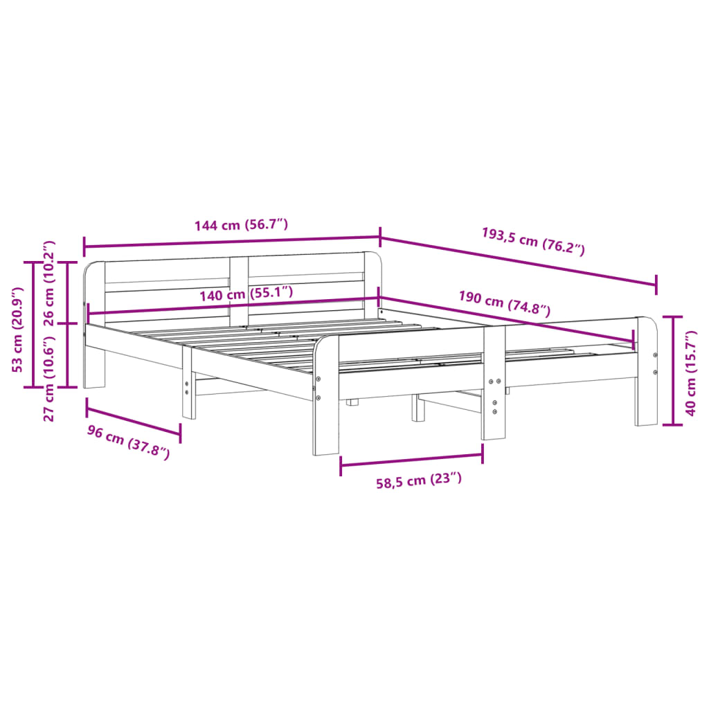 Solid Pine Wood Bed Frame, White, 140x190 cm - No Mattress Included