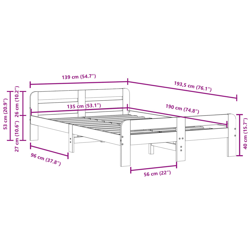 Solid Pine Bed Frame, Wax Brown, 135x190 cm Double Size