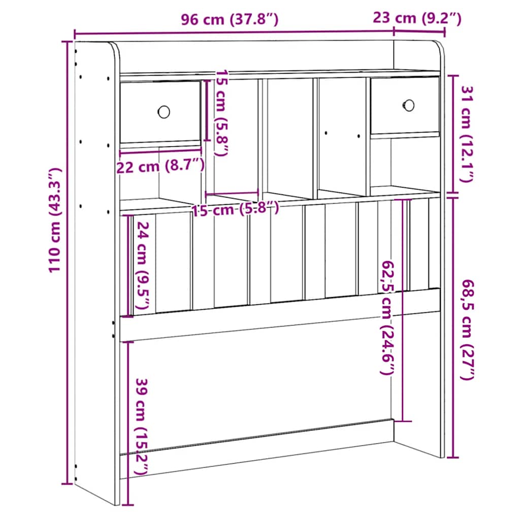Solid Pine Headboard with Storage, Wax Brown, 90 cm