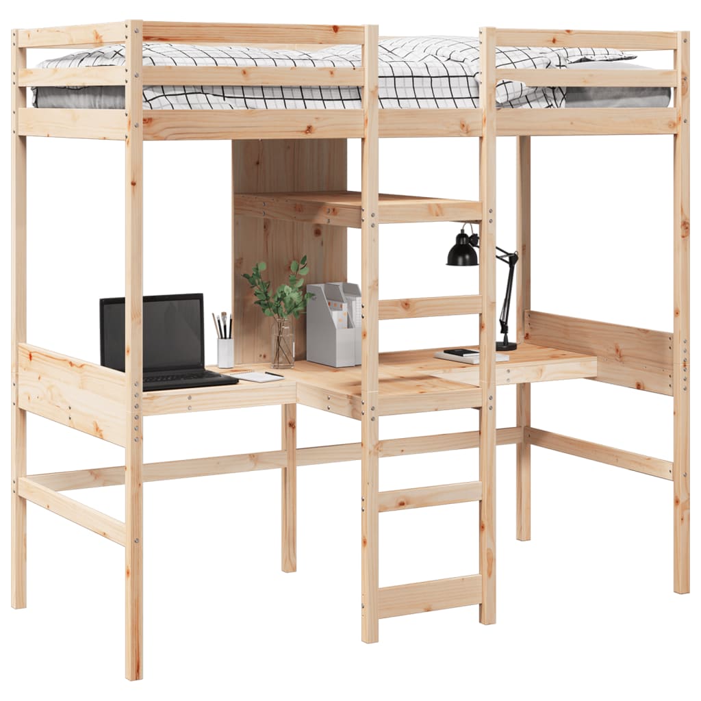 Loft Bed Frame with Desk and Shelves 90x200cm Solid Wood Pine