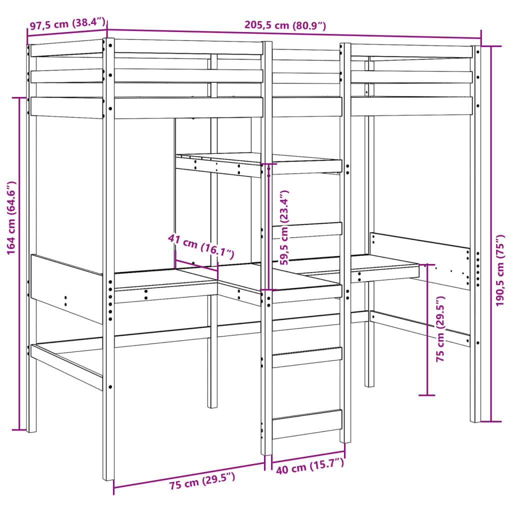 Loft Bed Frame with Desk and Shelves 90x200cm Solid Wood Pine