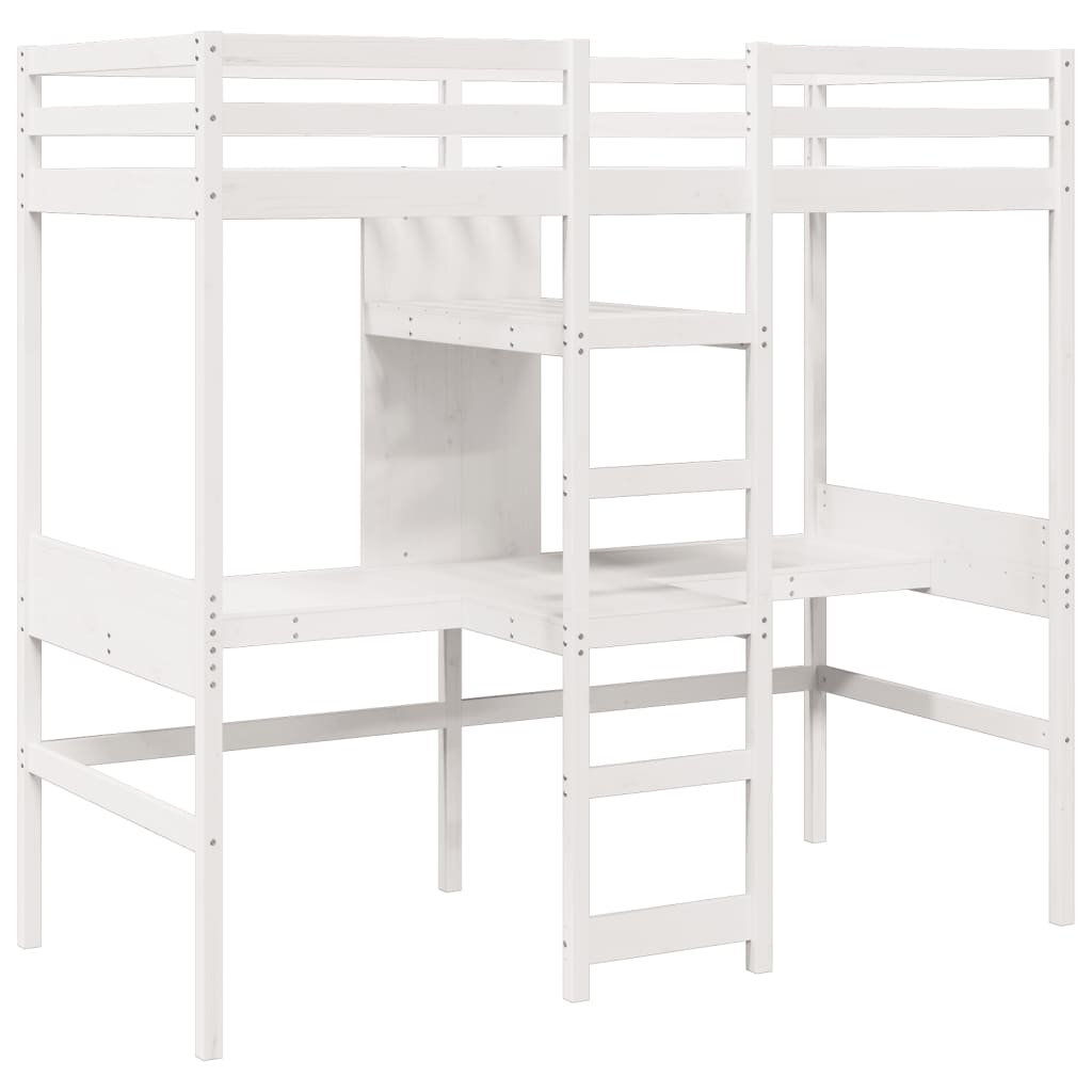 Loft Bed Frame with Desk and Shelves White 90x200cm Solid Wood Pine