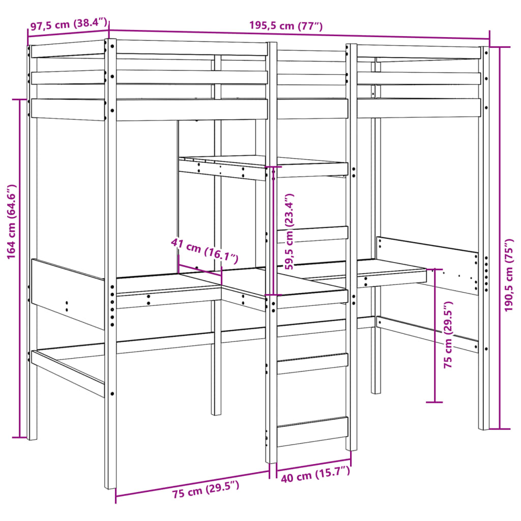 Loft Bed Frame without mattress Wax Brown 90x190cm Solid Wood Pine