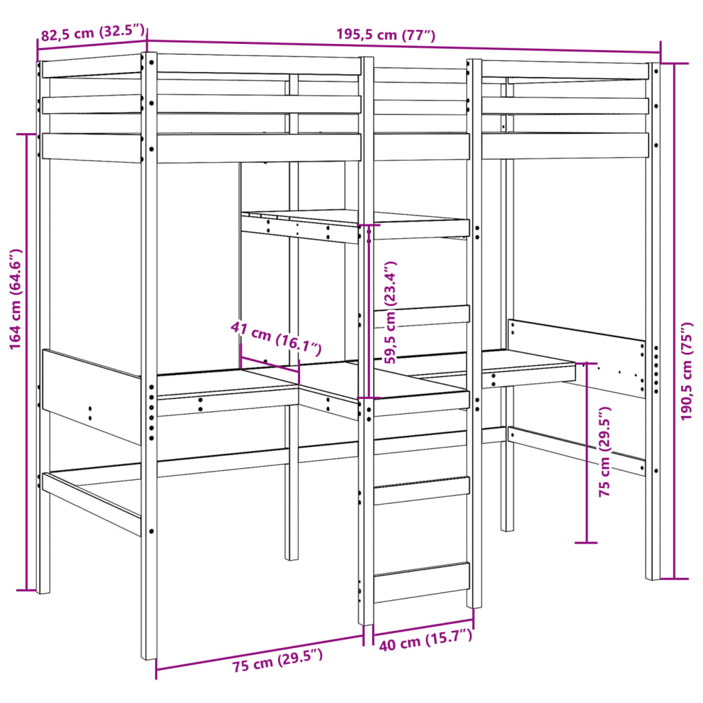 Loft Bed Frame without Mattress White 75x190cm Solid Wood Pine