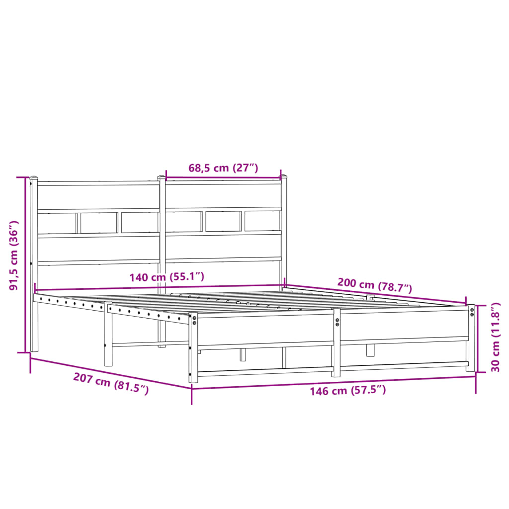 Metal Bed Frame without Mattress Sonoma Oak 140x200 cm