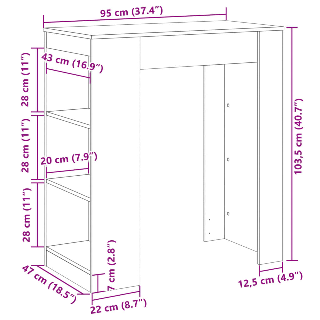 Concrete Grey Bar Table with Racks, Engineered Wood, 95x47x103.5 cm