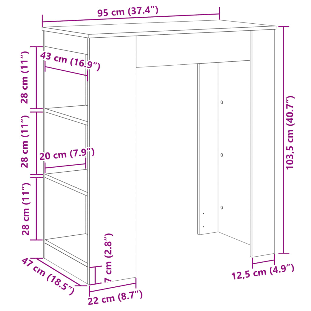 Grey Sonoma Bar Table with Racks - Engineered Wood 95x47x103.5 cm
