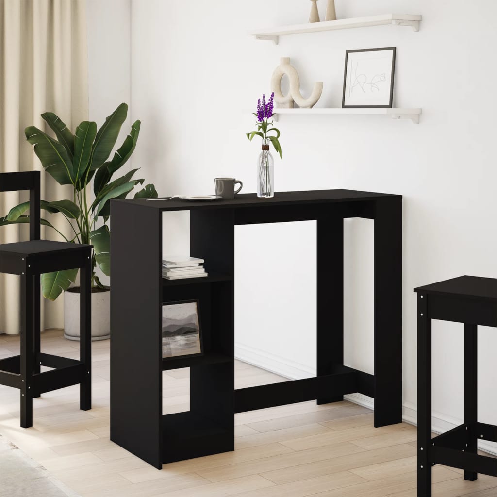 Black Engineered Wood Bar Table with Shelf, 124x46x103.5 cm