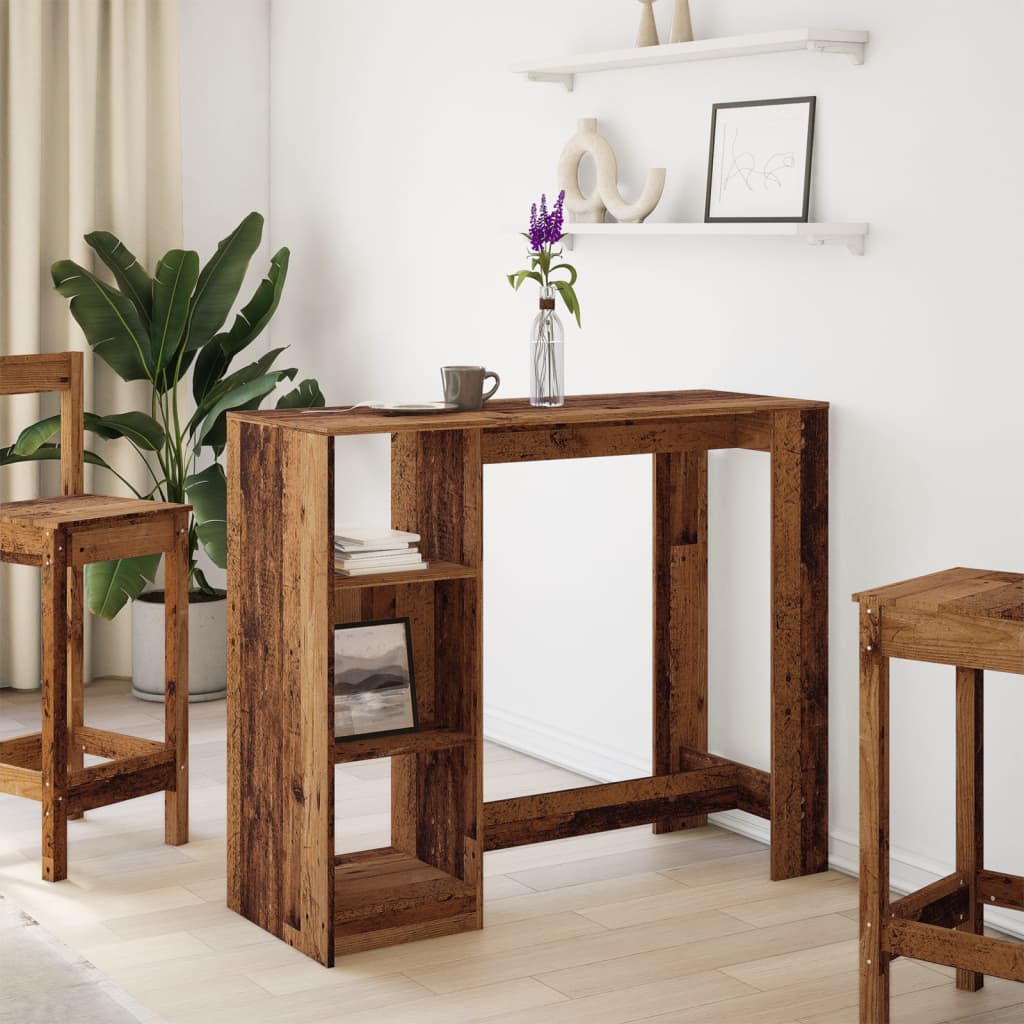 Rustic Engineered Wood Bar Table with Shelf - 124x46x103.5 cm