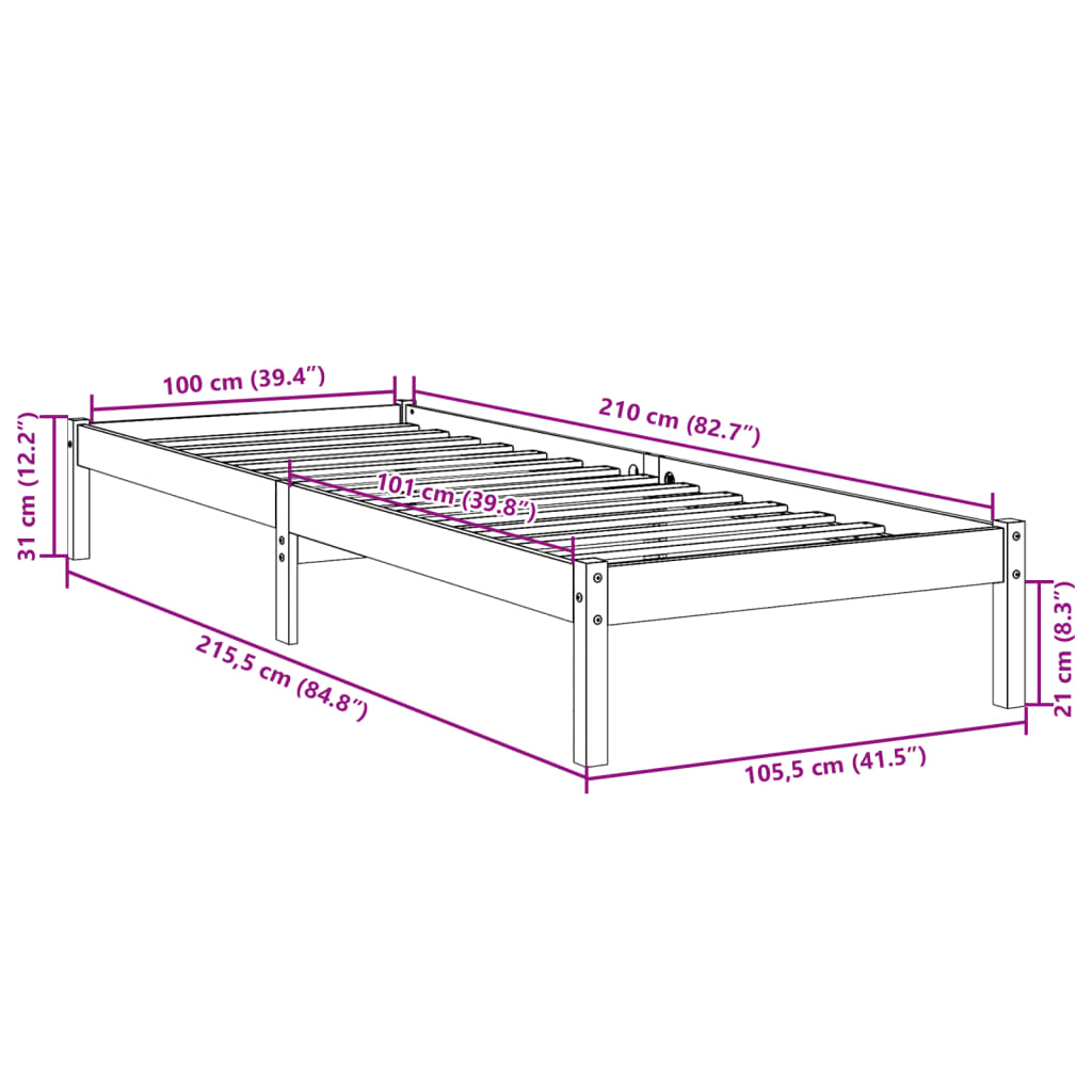 Solid Pine Extra Long Bed Frame 100x210 cm - No Mattress Included