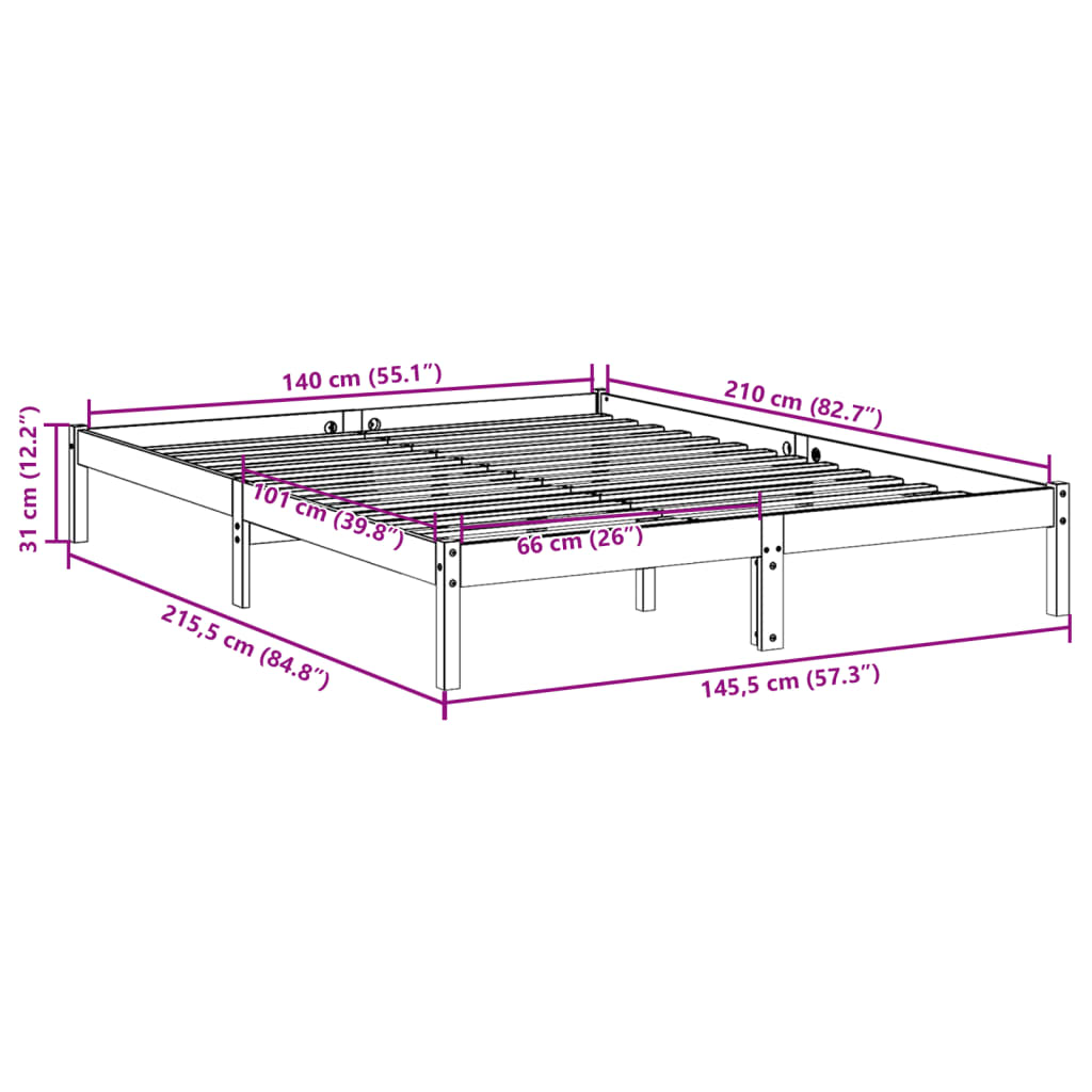 Solid Pine Extra Long Bed Frame 140x210 cm (No Mattress)
