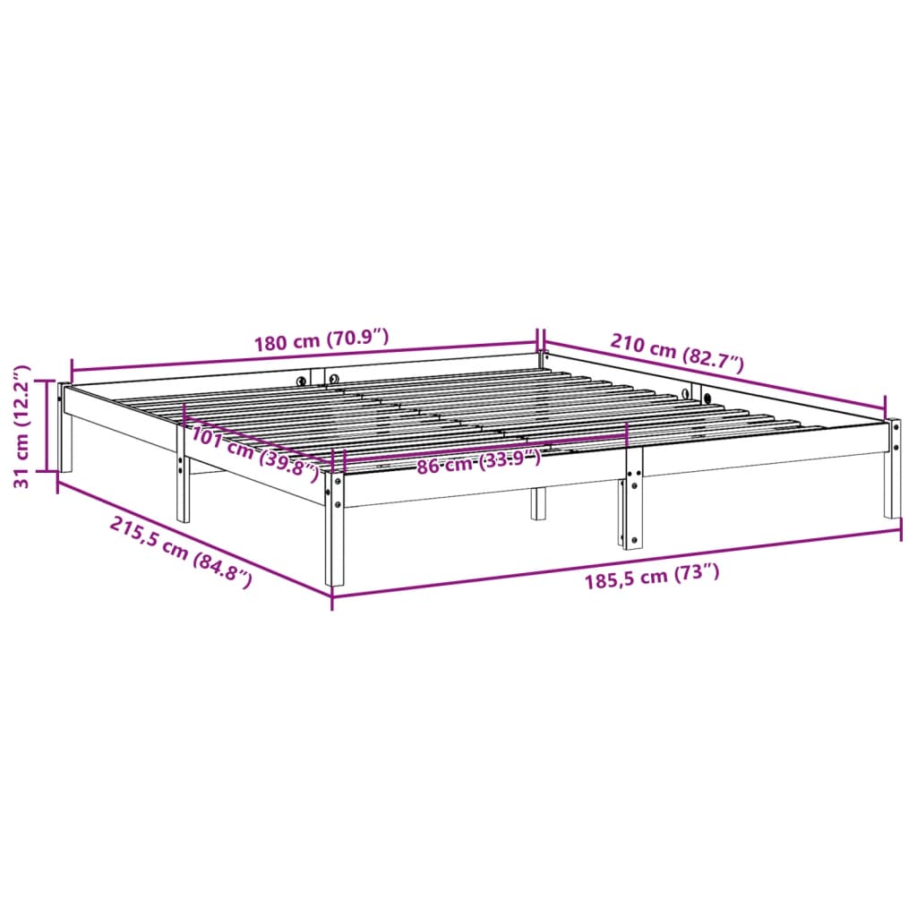 Solid Pine Extra Long Bed Frame 180x210 cm White Finish