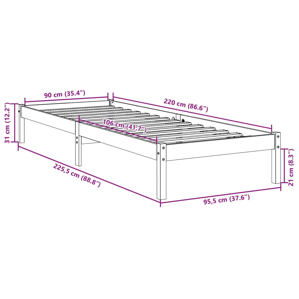 Solid Pine White Extra Long Bed Frame 90x220 cm, No Mattress