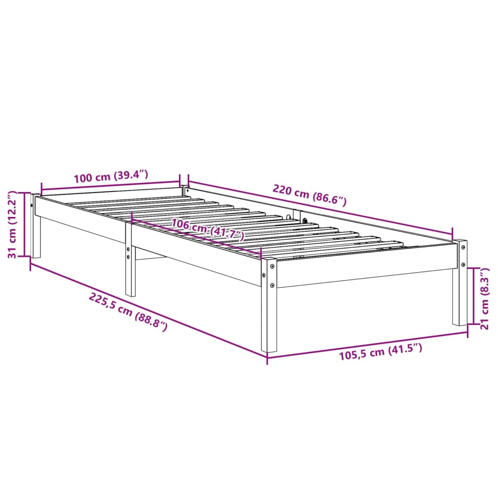 Solid Pine Extra Long Bed Frame 100x220 cm - No Mattress Included