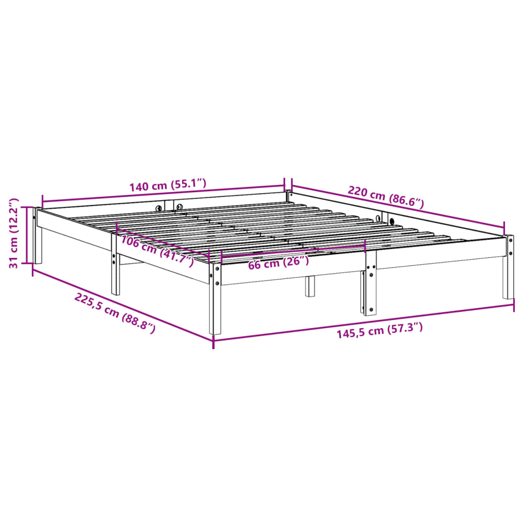 Solid Pine Extra Long Bed Frame 140x220 cm - No Mattress Included