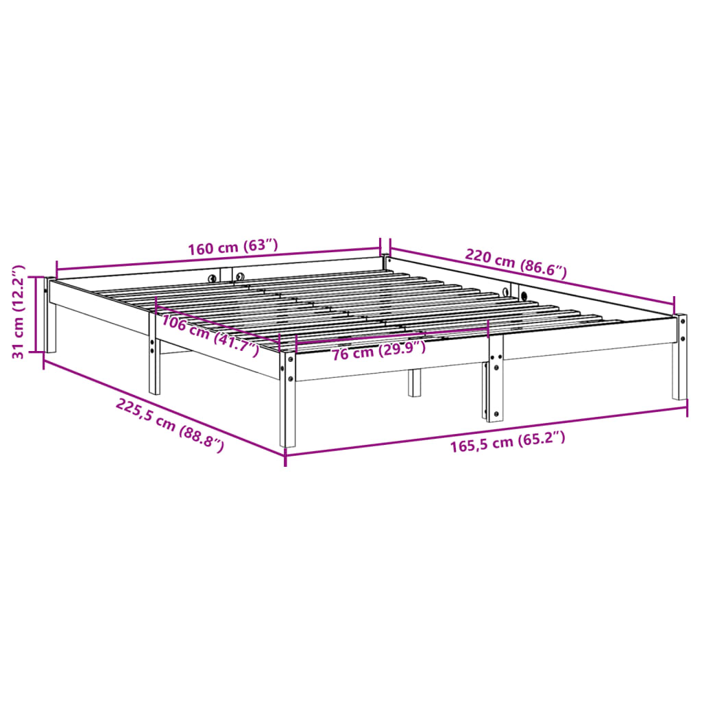 Solid Pine Extra Long Bed Frame 160x220 cm - No Mattress Included