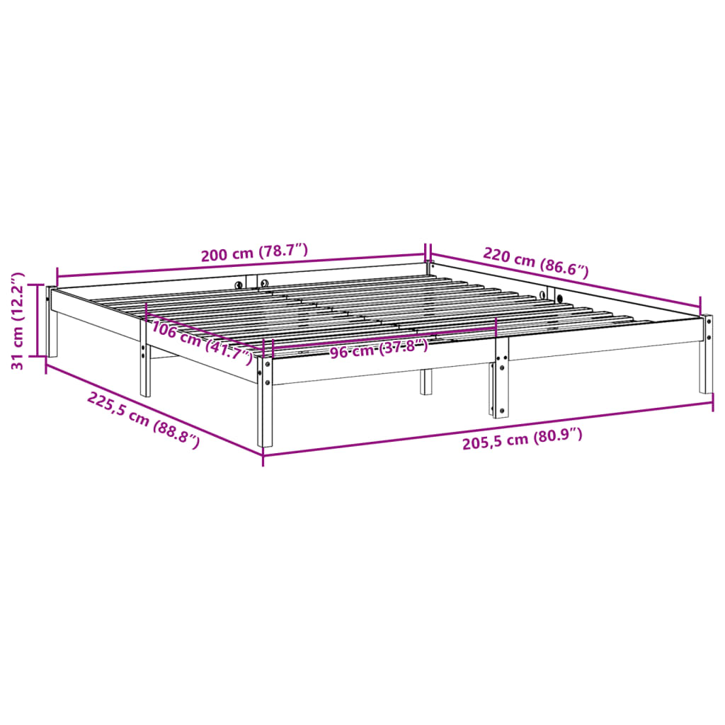 Solid Pine Extra Long Bed Frame 200x220 cm - White Finish