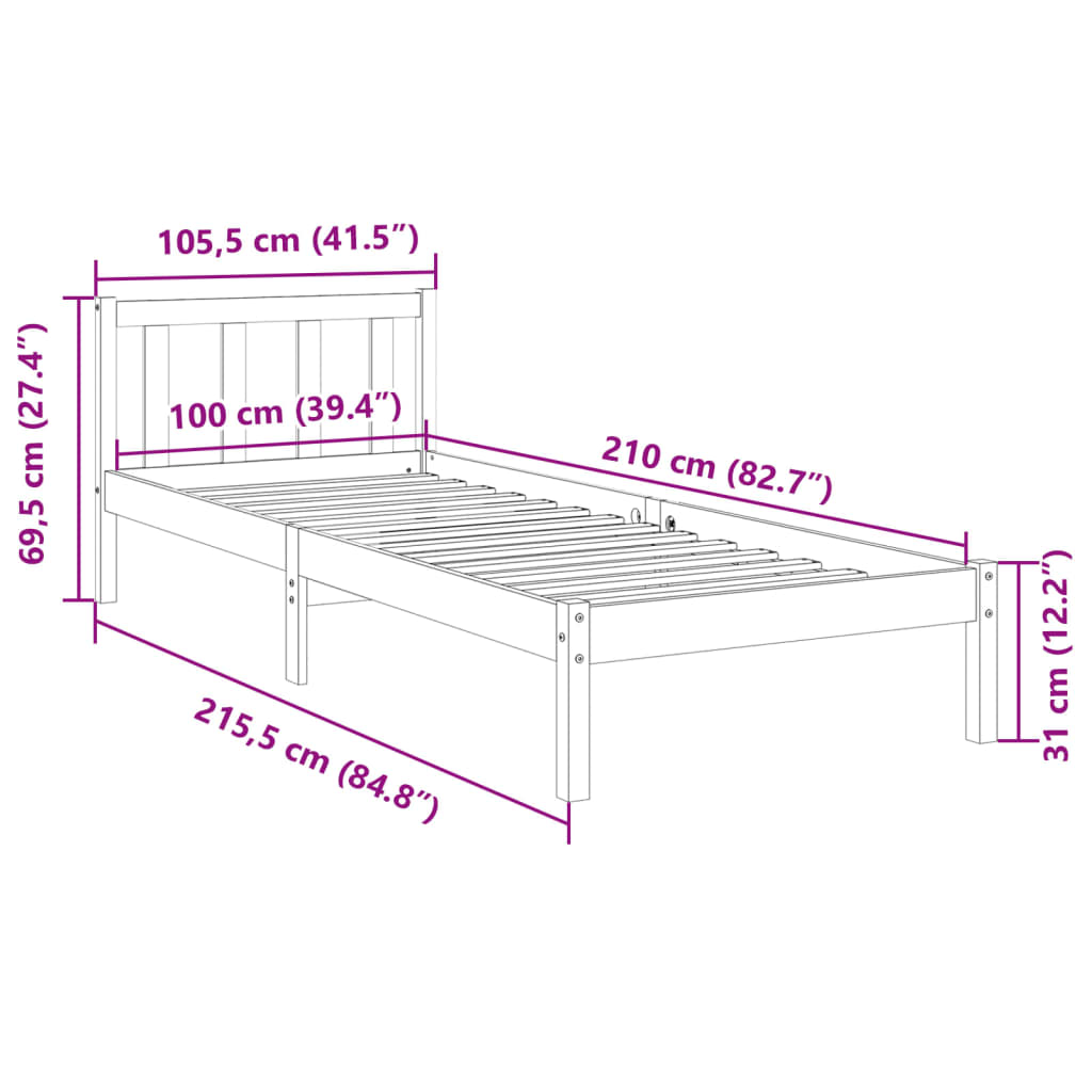 Solid Pine Extra Long Bed Frame 100x210 cm - White Finish