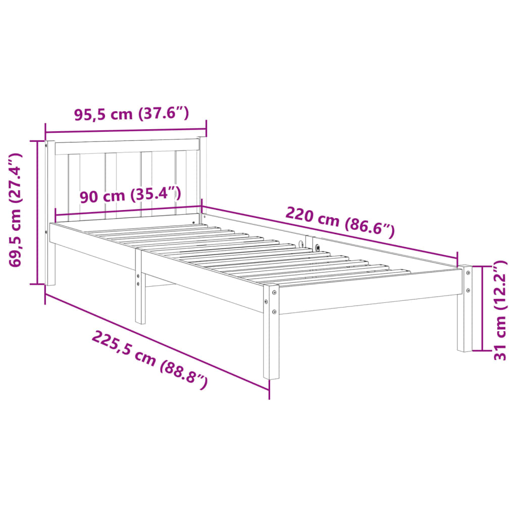 Extra Long Solid Pine Bed Frame 90x220 cm - No Mattress Included