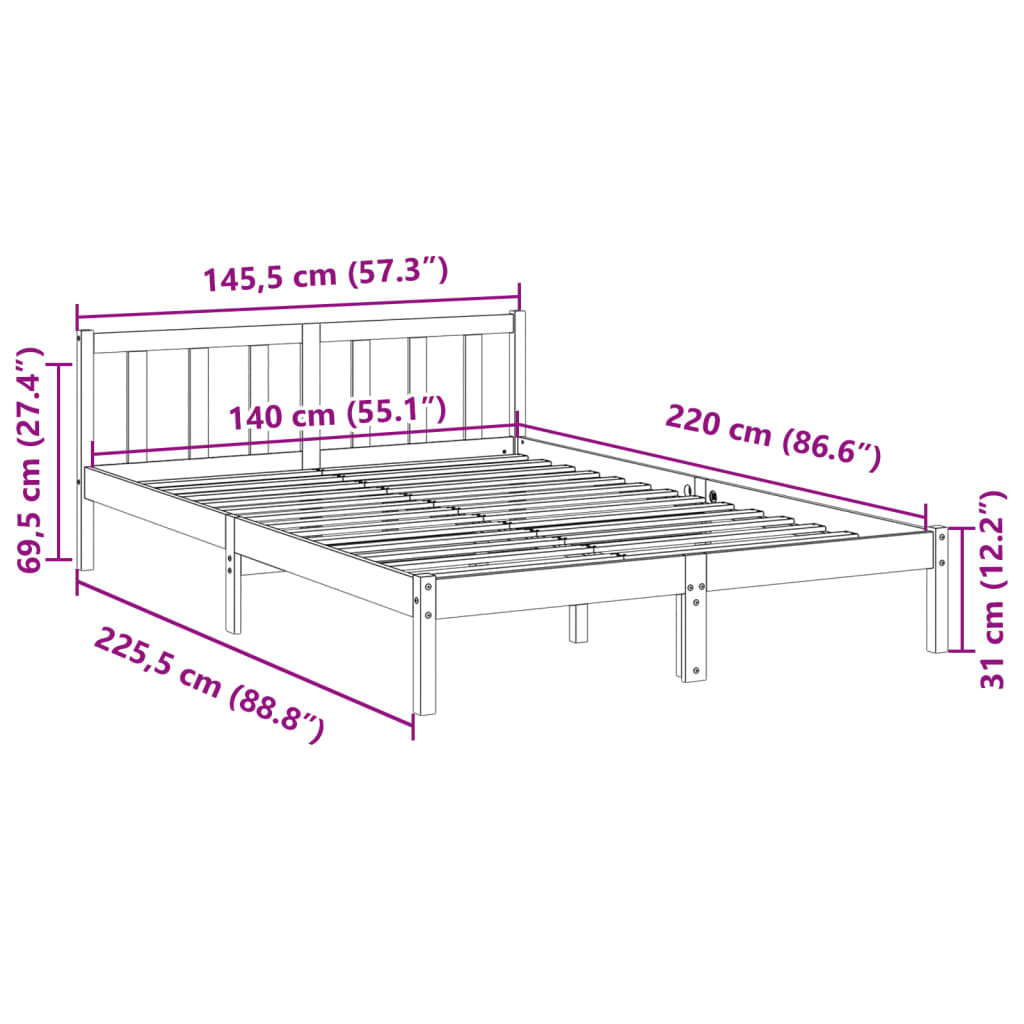 Solid Pine Extra Long Bed Frame 140x220 cm - No Mattress Included