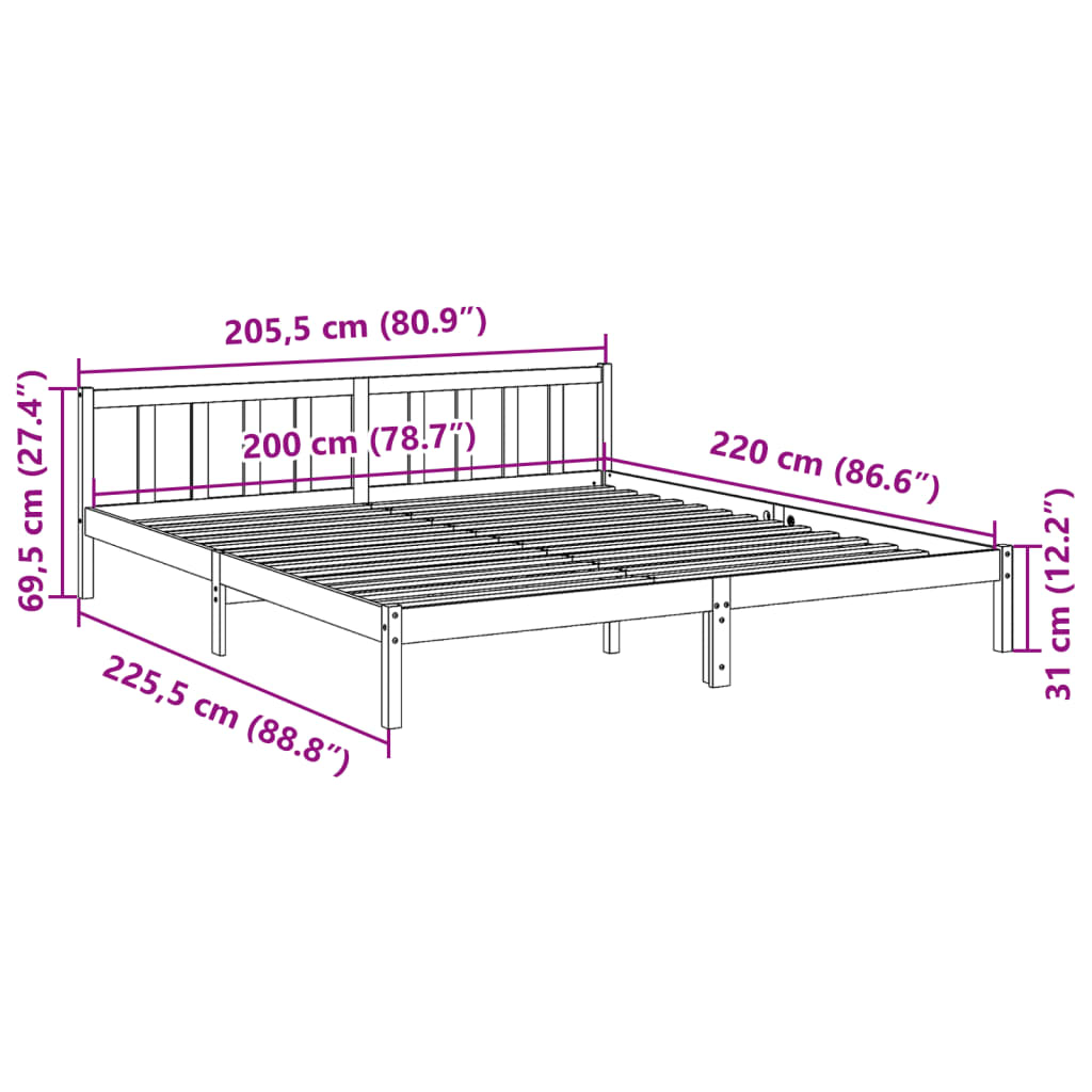 Extra Long White Solid Pine Bed Frame 200x220 cm - No Mattress