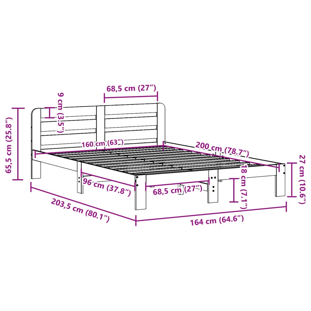 Solid Pine Wood Bed Frame, Wax Brown 160x200 cm, No Mattress