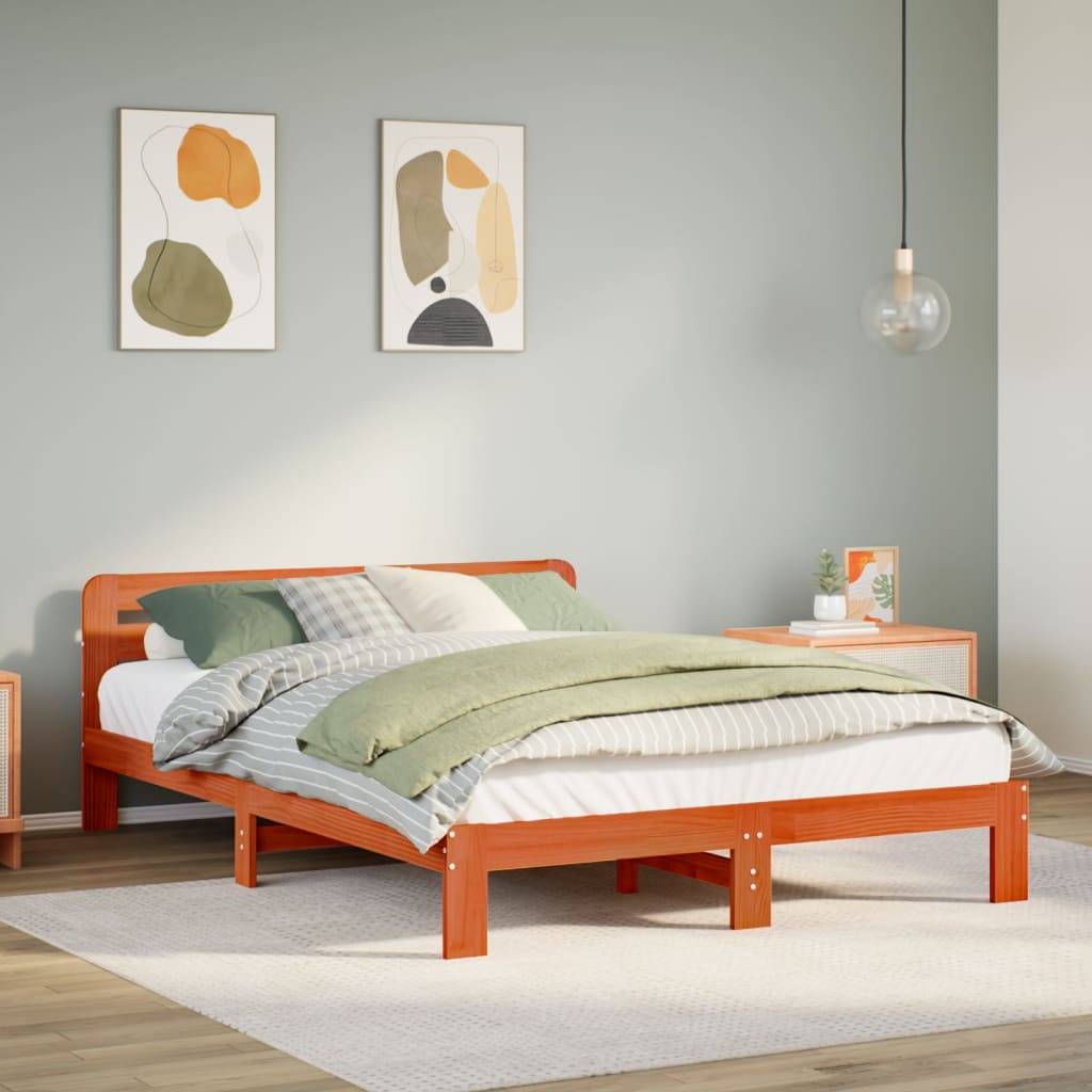 Solid Pine Wood Bed Frame, Wax Brown 160x200 cm, No Mattress