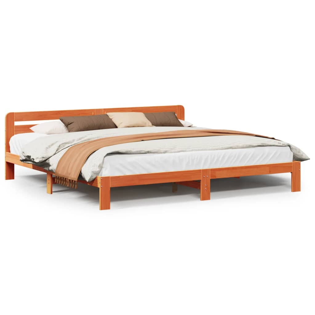 Solid Pine Wood Bed Frame 200x200 cm, Wax Brown Finish