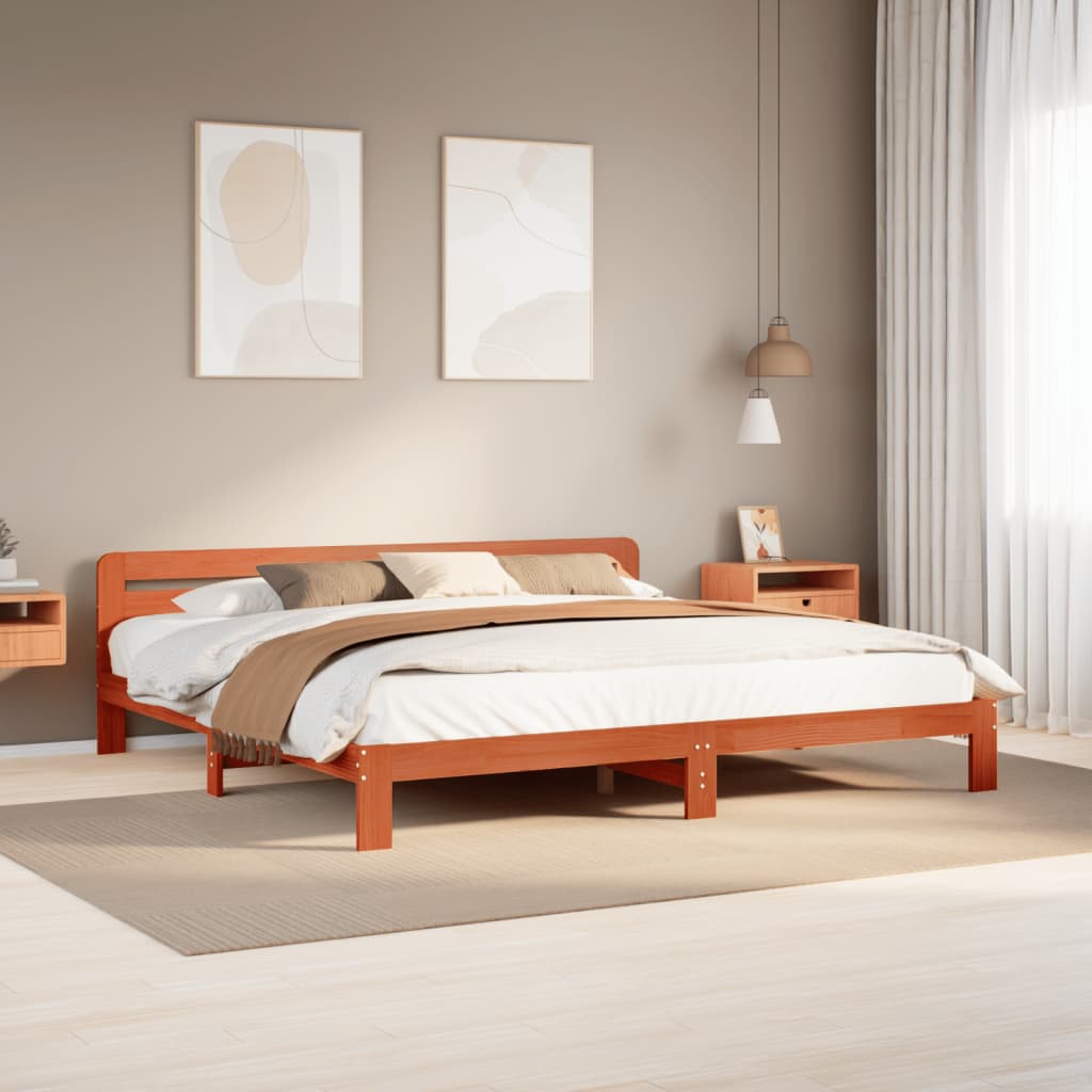 Solid Pine Wood Bed Frame 200x200 cm, Wax Brown Finish